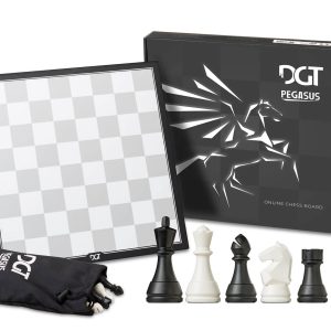 Vista frontal de ajedrez electrónico dgt pegasus con caja